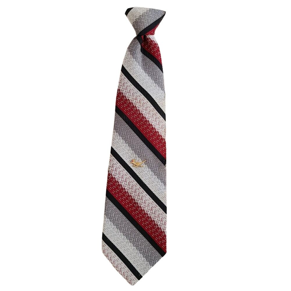 Vintage 70s EZ red gray black clip on stripped tie with gold roadrunner pin